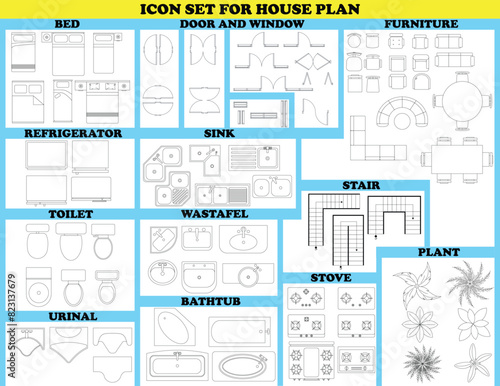 A set of icons for a house plan.  A set of icons for a house plan. The icons include a refrigerator, sink, toilet, bathtub, and a window.