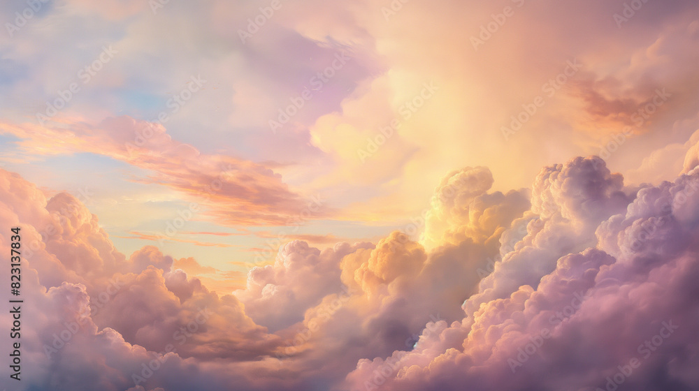 background of Renaissance Clouds Painting: Pastel Lavender & Yellow, Soft Dreamy Evening Light