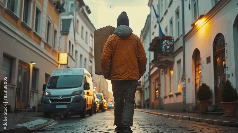 A behind view of a delivery driver delivering a parcel to a customer. Generative AI. A behind view of a delivery driver delivering a parcel to a customer. Generative AI.