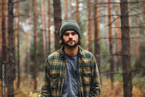 Wallpaper Mural Rugged Man in Forest Wearing Plaid Shirt and Beanie Torontodigital.ca