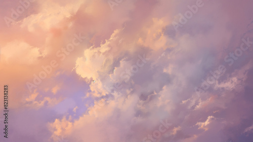 background of Renaissance Clouds Painting: Pastel Lavender & Yellow, Soft Dreamy Evening Light