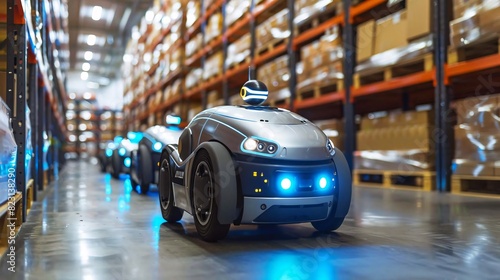 Wallpaper Mural Autonomous robots navigating a smart warehouse, efficiently organizing and transporting goods using AI-driven logistics. Torontodigital.ca