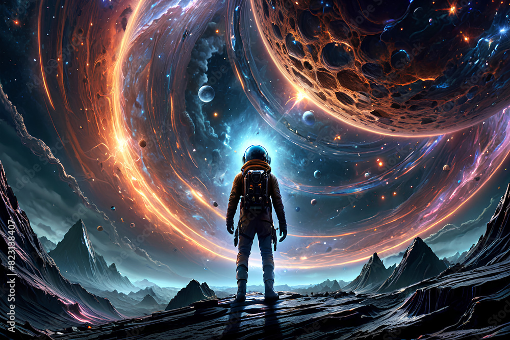 A cosmic wanderer traverses the void, seeking answers among the stars. Movie Poster, cinematic light, Professional Art many details, extreme detailed, full of details, Wide range of colors. A cosmic wanderer traverses the void, seeking answers among the stars. Movie Poster, cinematic light, Professional Art many details, extreme detailed, full of details, Wide range of colors.