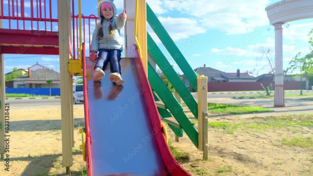 Little girl on the playground. A child plays in an open space in spring. Children play in the school yard. Happy baby in kindergarten or preschool. Baby on the slide. Little girl on the playground. A child plays in an open space in spring. Children play in the school yard. Happy baby in kindergarten or preschool. Baby on the slide.