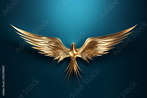 a gold bird with wings spread out