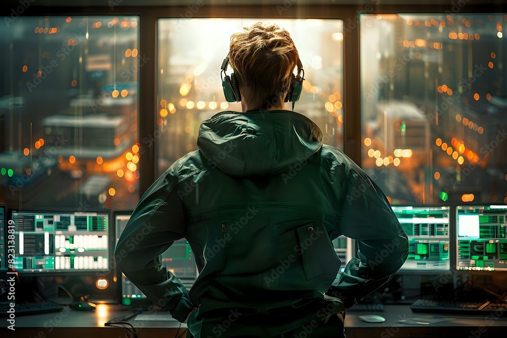 Obraz premium NOC Engineer Addressing System Alerts in Advanced Control Room