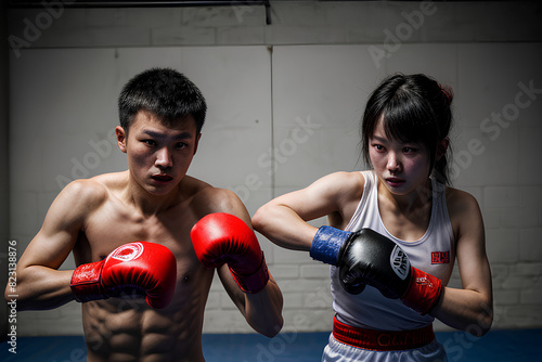 Chinese Boy and Chinese Girl Stand Back-To-Back in a Boxing Club.