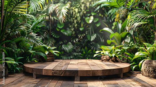 Wooden stage with tropical foliage and beach landscape  ideal for marketing presentations