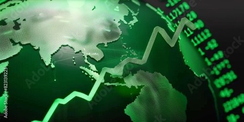 Green stock market graph rising up with digital globe background. Global Stock market rally or recovery concept.stock, cryptocurrency background 