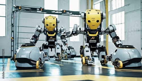 A line of yellow quadruped robots navigating through an indoor training facility, showcasing agility and group coordination.. AI Generation photo
