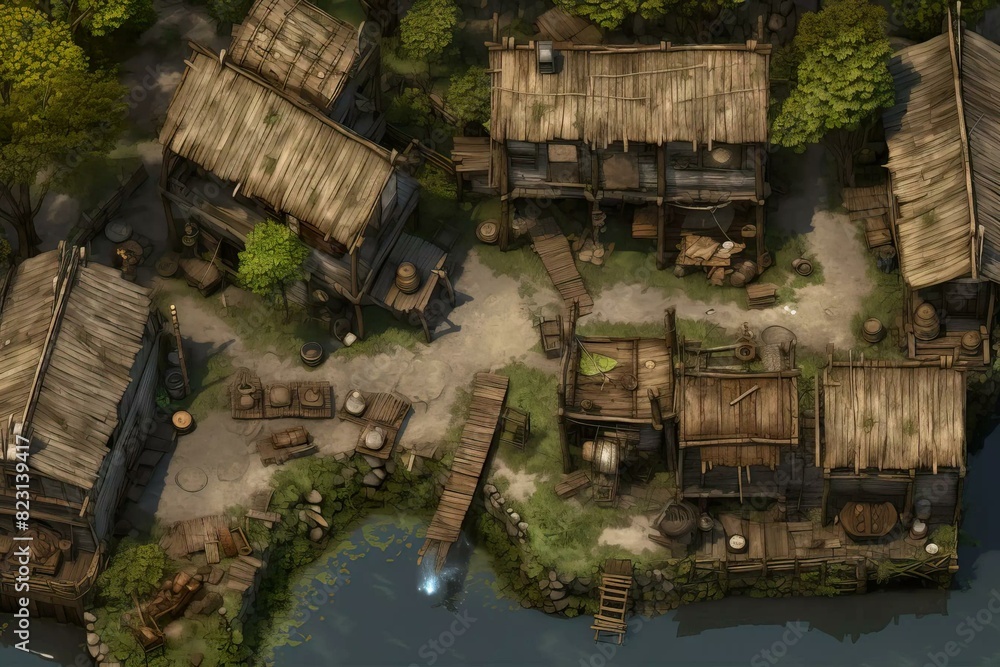 DnD Battlemap Village with elevated huts under canopy shade. DnD Battlemap Village with elevated huts under canopy shade.