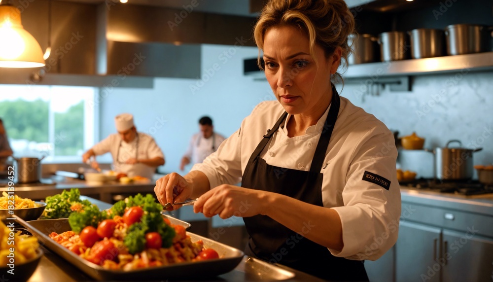 Culinary Artistry: A seasoned chef preparing a mouthwatering dish in her kitchen, her years of experience and passion for food shining through in every flavorful creation. Culinary Artistry: A seasoned chef preparing a mouthwatering dish in her kitchen, her years of experience and passion for food shining through in every flavorful creation.