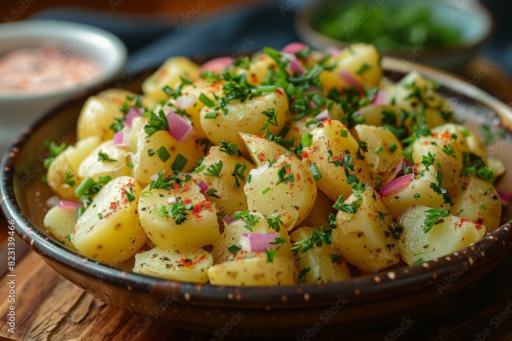 Kartoffelsalat - Creamy potato salad with herbs and a sprinkle of green onions. Kartoffelsalat - Creamy potato salad with herbs and a sprinkle of green onions.