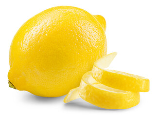 Lemon fruit with twisted zest isolated. Whole lemon and a peel on white background. Lemons isolated. With clipping path. Full depth of field.
