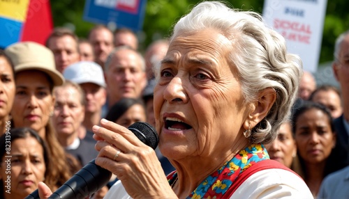 Voices of Change: An elderly woman passionately addressing a crowd, her unwavering determination and activism inspiring others to fight for social justice and equality.
