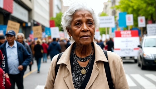 Voices of Empowerment: An elderly woman leading a peaceful protest, her unwavering activism and commitment to social change inspiring others to stand up for their beliefs.