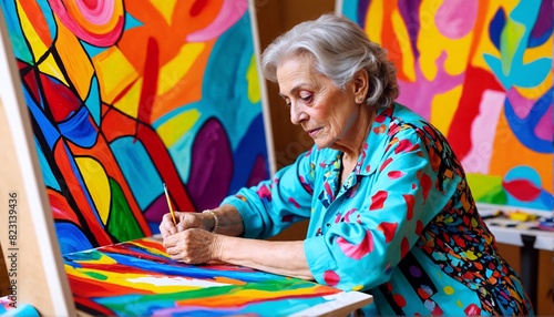Creative Vision: An elderly woman working on a vibrant abstract painting, her artistic talent and unique perspective defying conventions and inspiring others.