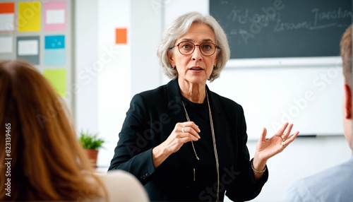 Inspiring Minds: A respected older professor delivering a captivating lecture, her wealth of knowledge and passion for teaching igniting curiosity in her students.