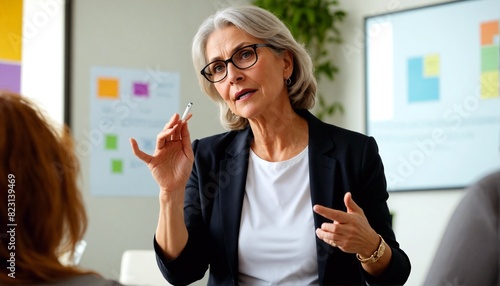 Fearless Innovation: A confident older woman pitching her business idea to investors, her entrepreneurial spirit and innovative mindset challenging traditional stereotypes.