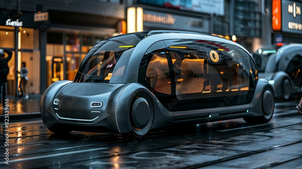 A futuristic bus with a car behind it