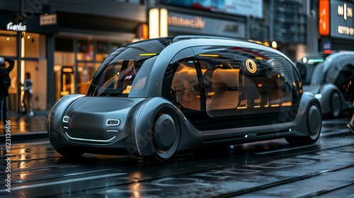 A futuristic bus with a car behind it