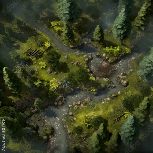 DnD Battlemap Dense forest: A captivating natural scene with lush greenery. © Fox