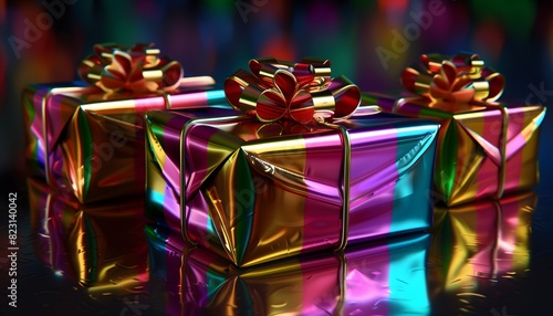 Shiny Wrapped Gifts with Colorful Ribbons for Celebration