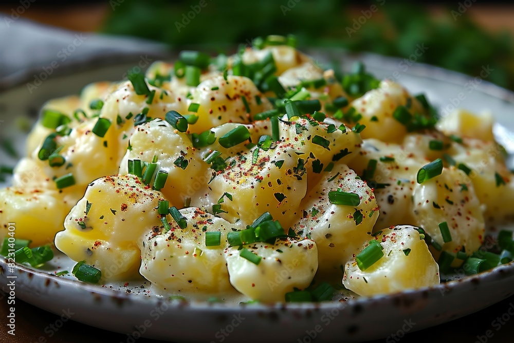 Kartoffelsalat - Creamy potato salad with herbs and a sprinkle of green onions. Kartoffelsalat - Creamy potato salad with herbs and a sprinkle of green onions.