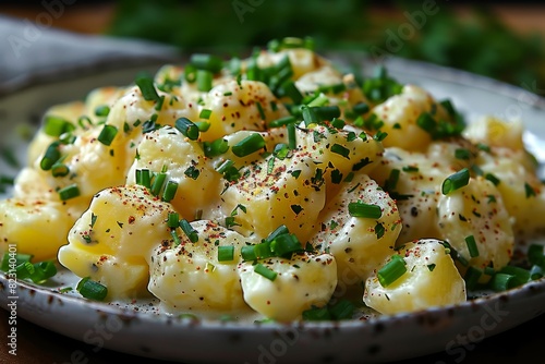 Kartoffelsalat - Creamy potato salad with herbs and a sprinkle of green onions.