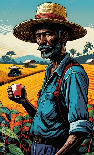 Farmer workers working at coffee plantation fields harvesting beans wearing vintage clothing with straw hats. photo