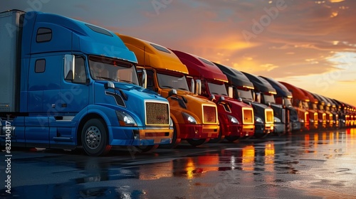 A row of semi trucks are parked in a lot