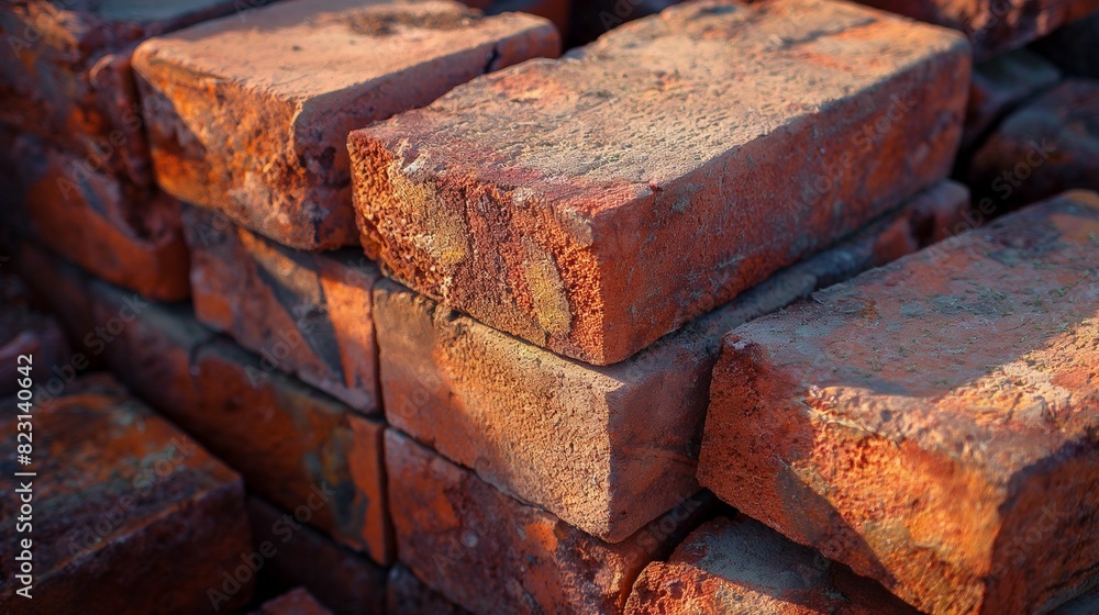 Image of aged and weathered red bricks stacked. Image of aged and weathered red bricks stacked.