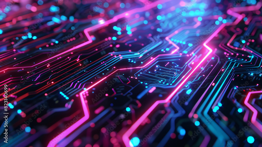 Abstract circuit board with neon lights background for technology and design themes, featuring an abstract circuit board with neon lights, with copy space text, for technology and design themes. Abstract circuit board with neon lights background for technology and design themes, featuring an abstract circuit board with neon lights, with copy space text, for technology and design themes.