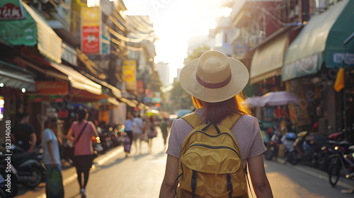 Asian traveler tourist walking and travelling in the market, generative Ai