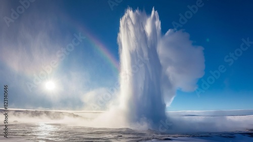 Image of a geyser eruption with a rainbow under a sunny sky.