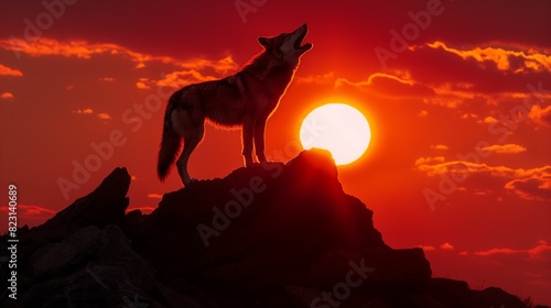 Wolf howling at sunset on a rocky peak.