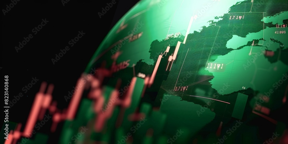 Green stock market graph rising up with digital globe background. Global Stock market rally or recovery concept.stock, cryptocurrency background	
