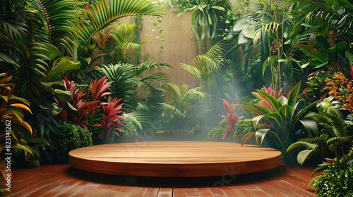 Wooden stage with tropical foliage and beach landscape, ideal for marketing presentations