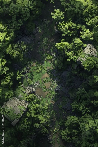 DnD Battlemap Canopy Hidden Jungle Monolith - The ancient structure is concealed in lush foliage.