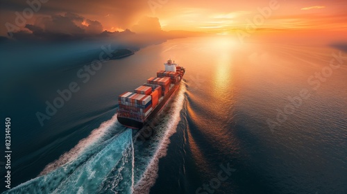 container ship sailing full speed to transport goods in containers for import export internationally  photo