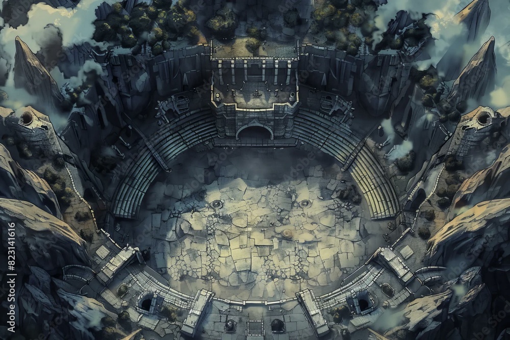 DnD Battlemap Coliseum Amidst Peaks - Battle. DnD Battlemap Coliseum Amidst Peaks - Battle.