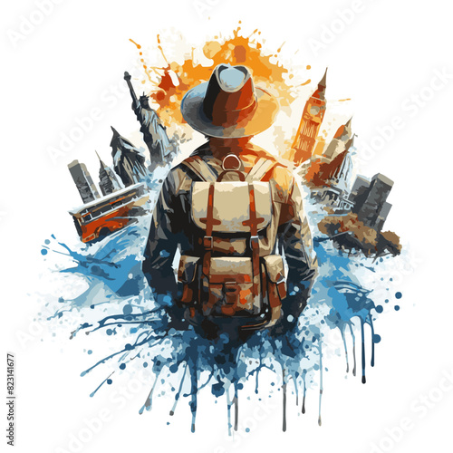 Very Beautiful highly detailed traveller man wearing hat  watercolor vector illustration isolated on white background