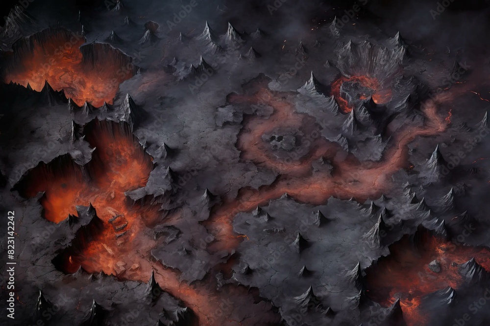 DnD Battlemap Demonic Inferno Scenery. Charred landscape with fiery colors. DnD Battlemap Demonic Inferno Scenery. Charred landscape with fiery colors.