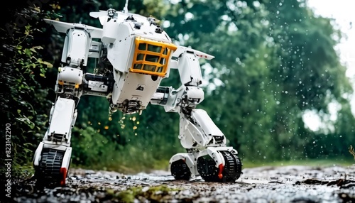 A white robot with cargo holds walks through a rainy forest path, with water splashing around its mechanical legs. AI Generation