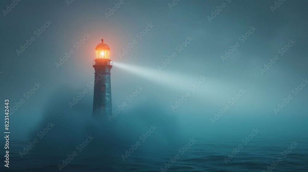 A lighthouse beam pierces the fog, its fiery eye guiding sailors home.