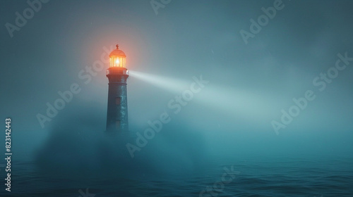 A lighthouse beam pierces the fog, its fiery eye guiding sailors home. photo