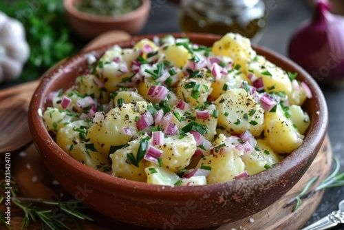 Kartoffelsalat - Creamy potato salad with herbs and a sprinkle of green onions.