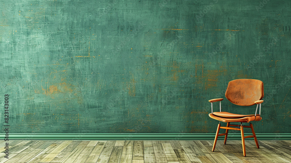 A chair is situated over an empty green wall in inside. A chair is situated over an empty green wall in inside.