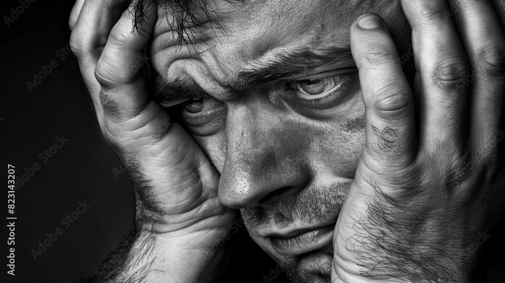 Close-up image of a sad and depressed middle age man holding his head ...