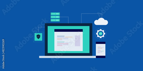 Programming technology software application development, smartphone app and website testing, cloud API concept vector illustration.